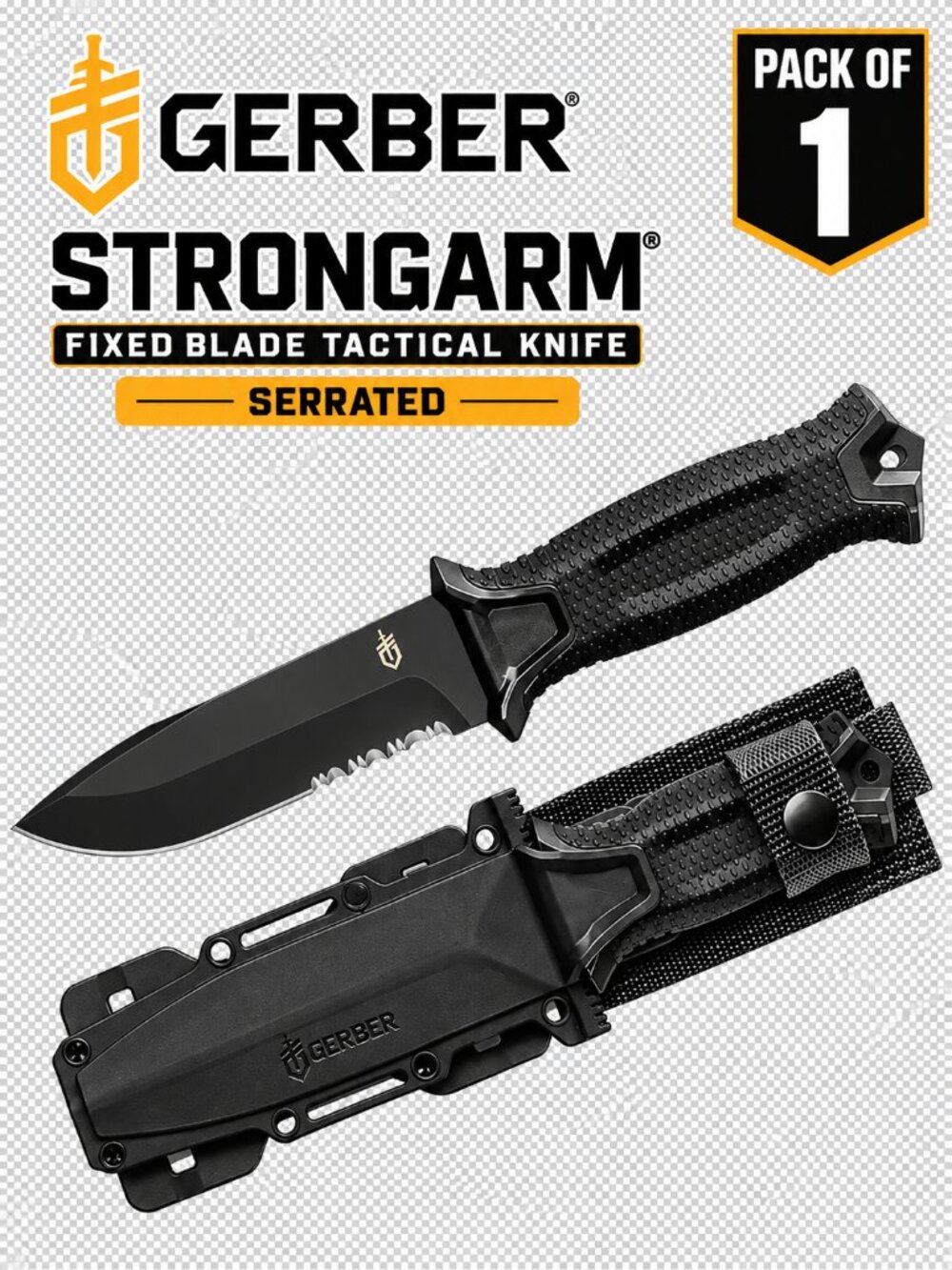 Gerber StrongArm Fixed Blade Survival Knife Black Serrated MOLLE Sheath